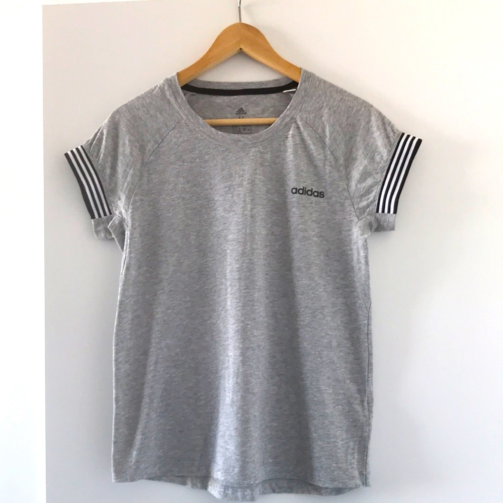 Adidas Grey T-shirt with Stripe Sleeves - Medium